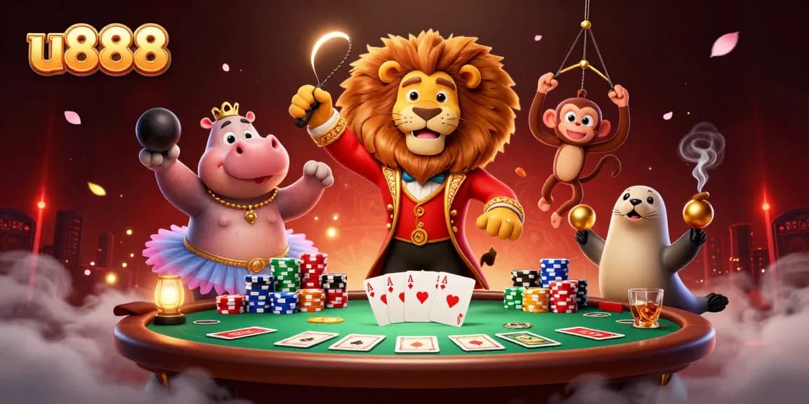Experience thrilling gaming action with u888 featuring a vibrant circus-themed casino scene with lively characters and dynamic game elements.