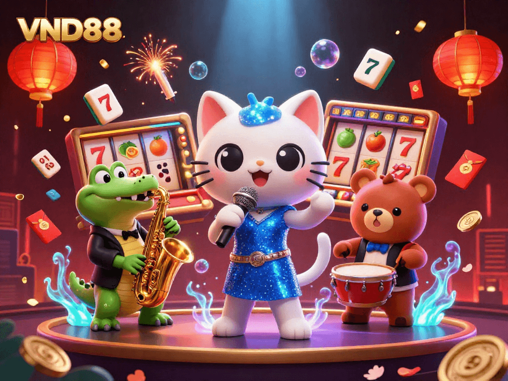 Engage with VND88's thrilling casino experience featuring cartoon characters and vivid gaming elements.