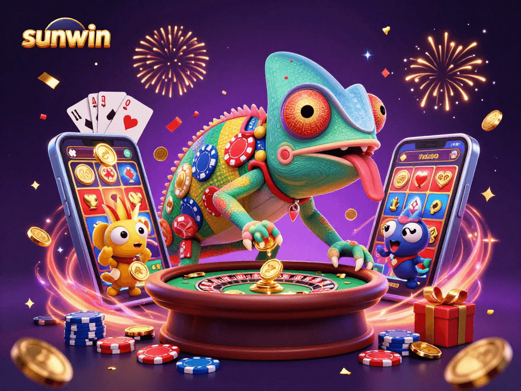 Exciting sunwin casino scene featuring a colorful chameleon owner amidst dynamic game elements.