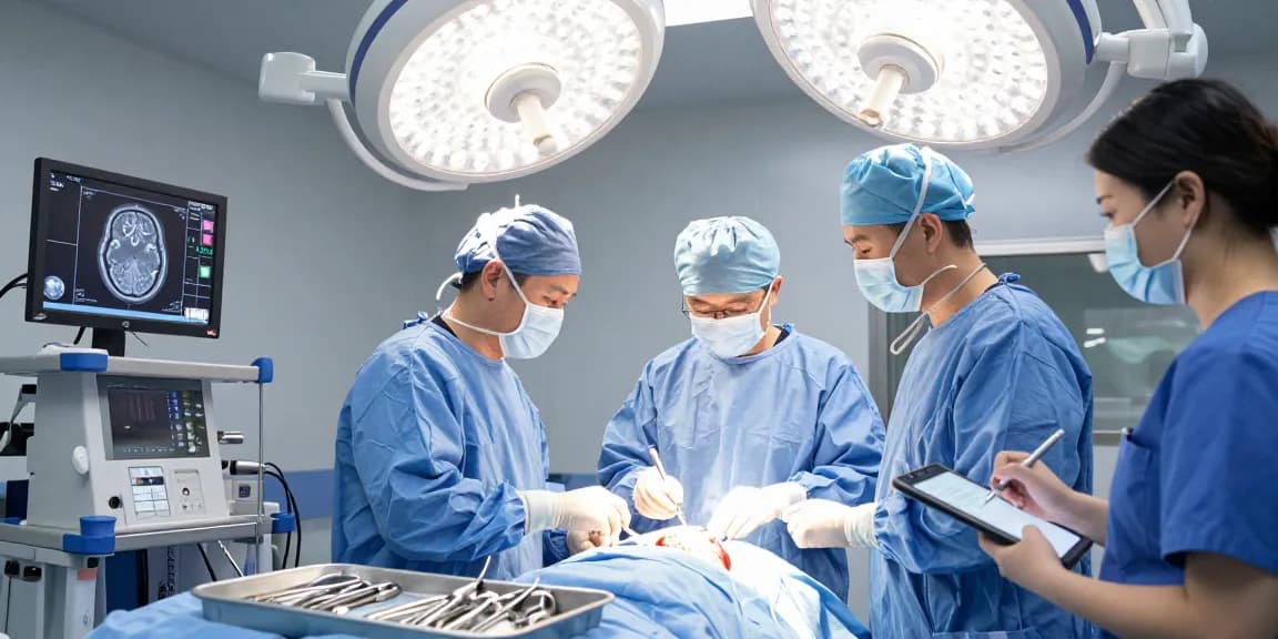 Brain ameliyatı in progress with neurosurgeons and medical team in a sterile operating room.