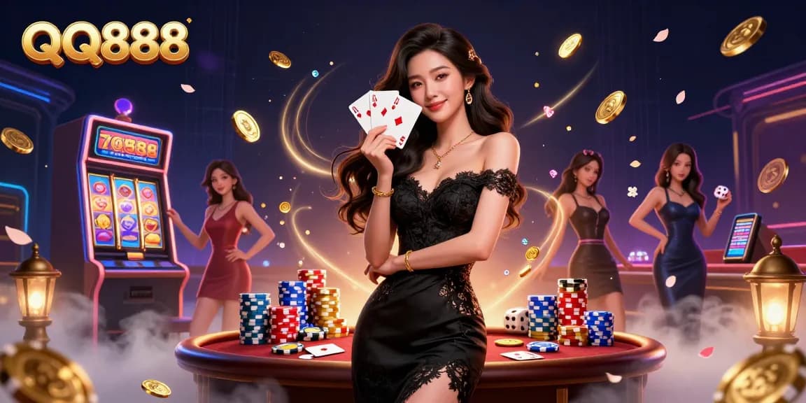 QQ888 showcases vibrant casino fun with a beautiful woman holding cards in an exciting 3D slot game scene.