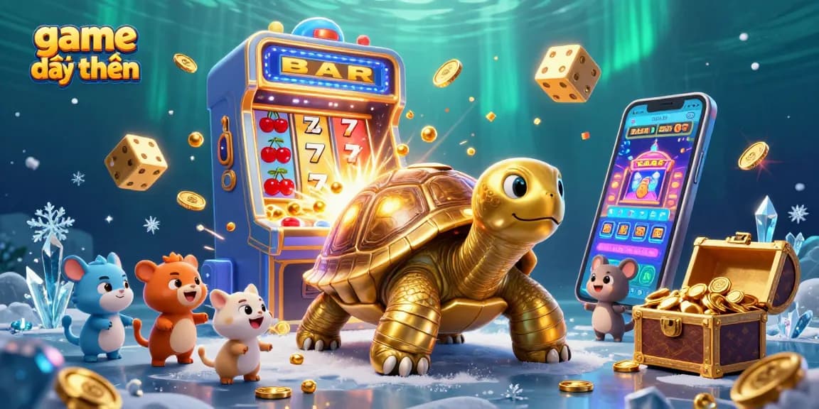 Experience excitement with game đổi thưởng as a golden tortoise plays a pinball machine amidst casino games.
