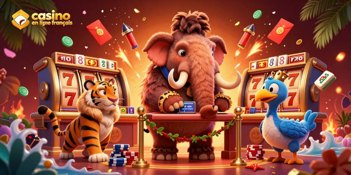 Une illustration dynamique représentant un bouncer mammouth vérifiant les pièces à l'entrée d'un casino en ligne français.