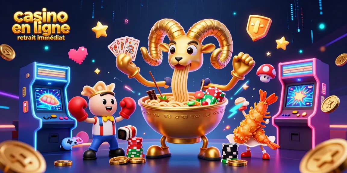 Jouer au casino en ligne retrait immédiat avec une illustration dynamique de personnages et d'éléments ludiques.