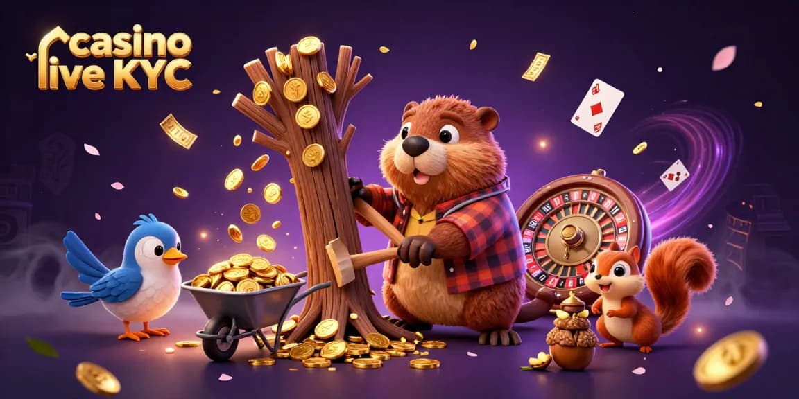 Illustration captivante de casino live sans KYC avec un castor bûcheron entouré de la roulette et d'éléments de jeu.