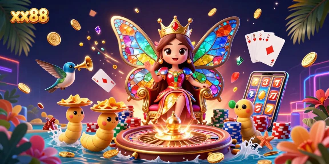 Experience the thrill of xx88 with vibrant casino elements, a butterfly queen, and golden treasures.