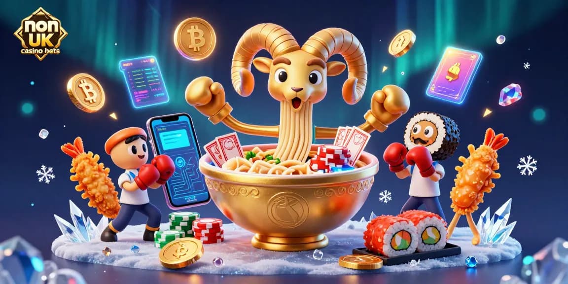 Engage in thrilling non UK casino bets with vibrant visuals of a giant ramen bowl dealer and crypto elements.