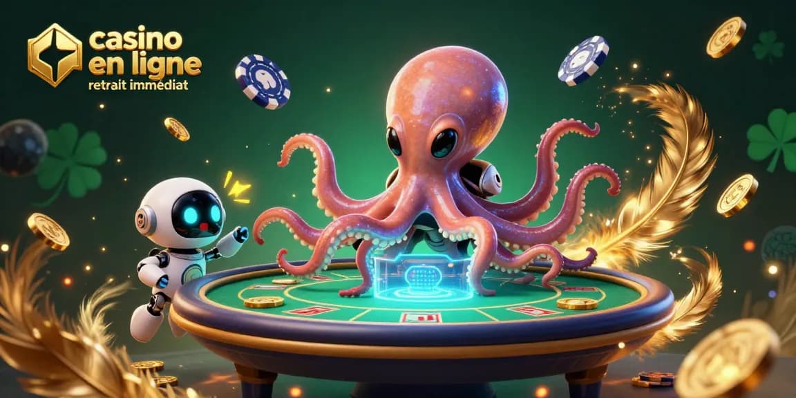 Profitez du casino en ligne retrait immédiat avec une scène dynamique d'un octopus et des jetons.