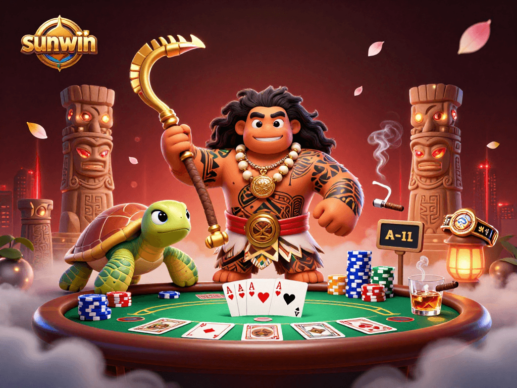 Win big at sunwin with an epic poker scene featuring a Polynesian demigod and vibrant game elements.