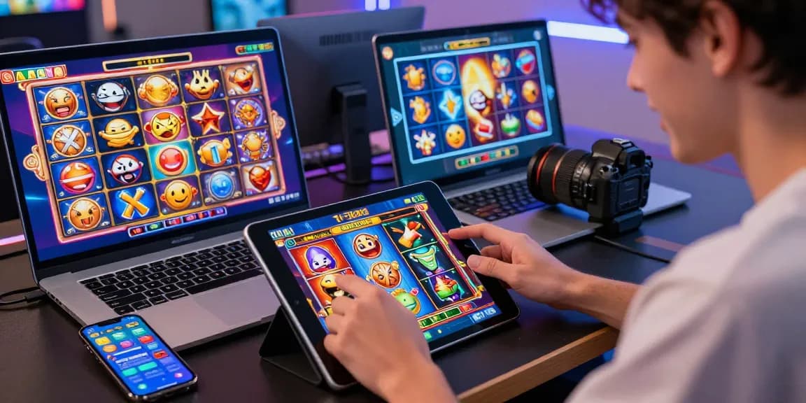 Exciting gaming moment with wd138 on tablet surrounded by vibrant slot graphics.