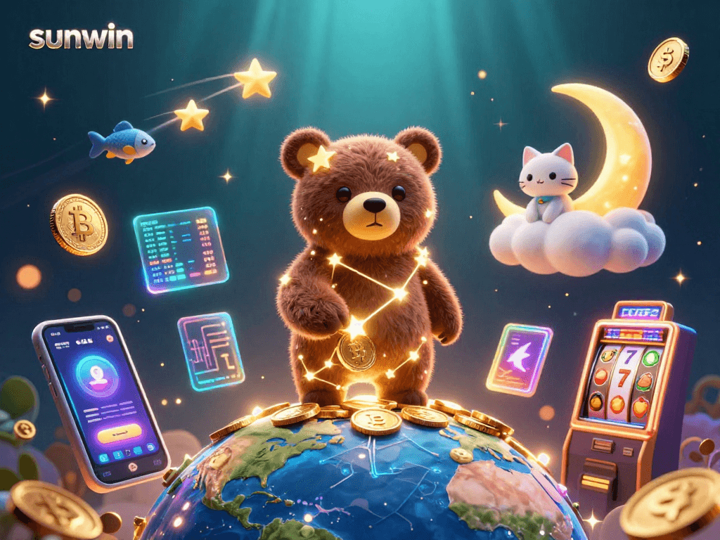 Experience the excitement of sunwin with a vibrant 3D constellation bear sculpting a win from crypto-themed slot rewards.