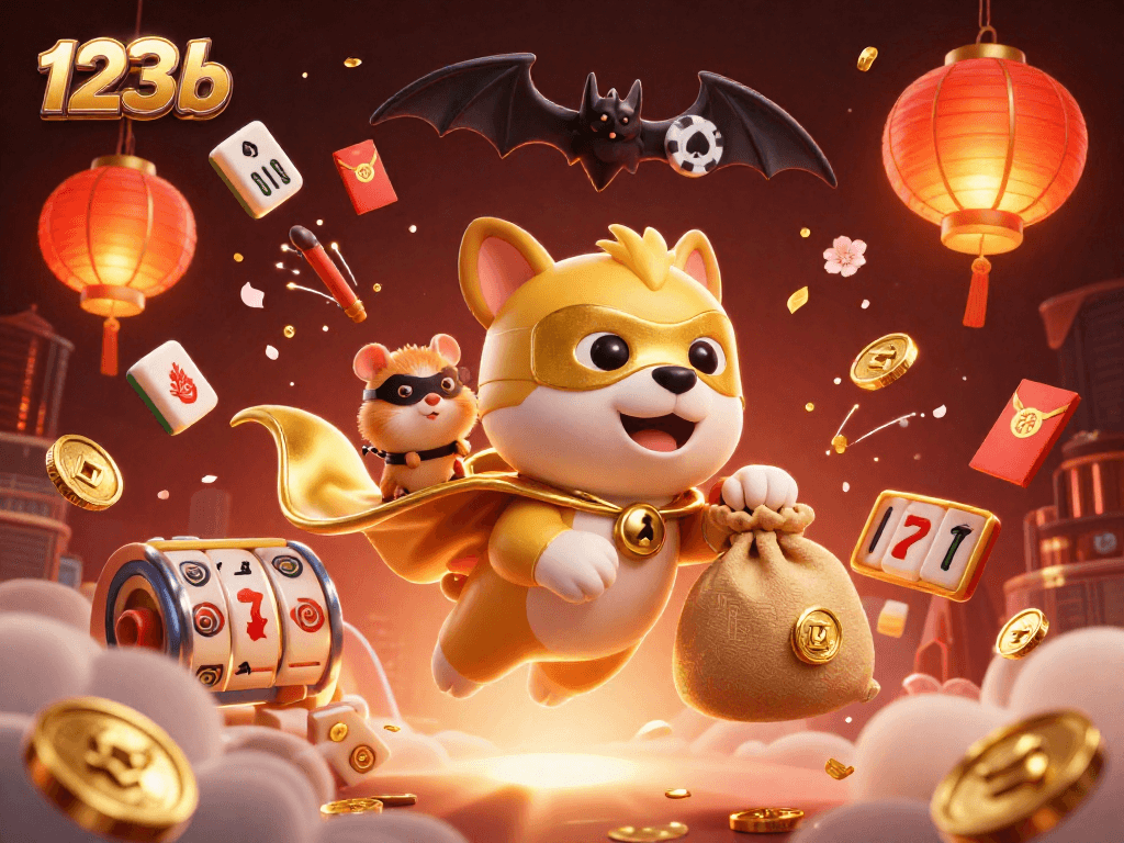 Engage with the excitement of 123b through a dynamic 3D casino-themed illustration featuring characters, slots, and vibrant elements.