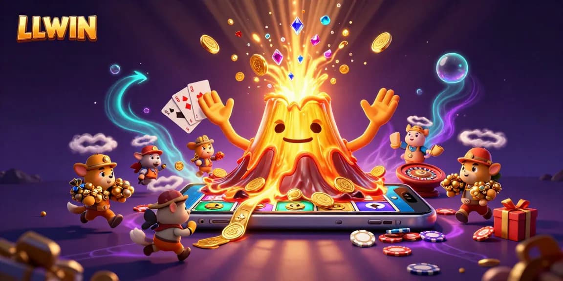 LLWIN showcases a triumphant golden volcano erupting treasures in a vibrant casino-themed scene.