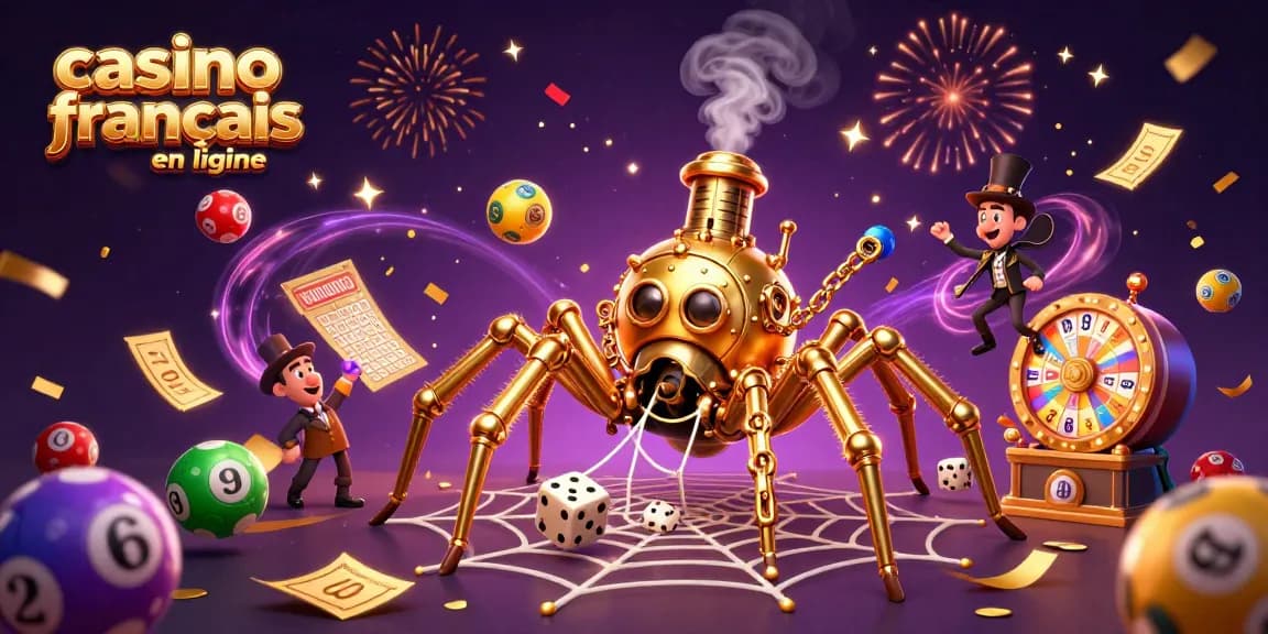 Jouez sur un casino français en ligne entouré de jeux de loterie colorés et d'une ambiance festive.