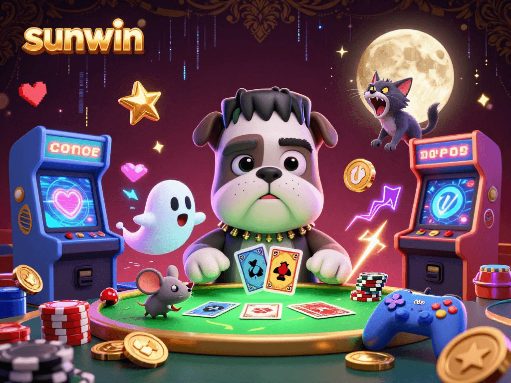 Engage with sunwin's casino fun featuring a Frankenstein bulldog and ghost mouse playing cards.