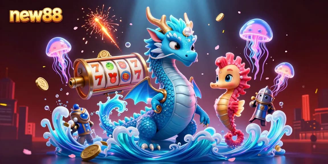 Engage with the excitement of new88 through a vibrant 3D illustration of a casino scene full of dynamic symbols, spinning reels, and mythical characters.