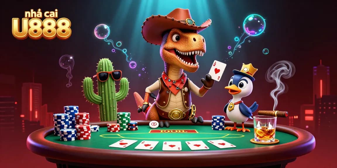 nhà cái U888 showcases vibrant casino action with a cowboy dinosaur and card games in a vibrant scene