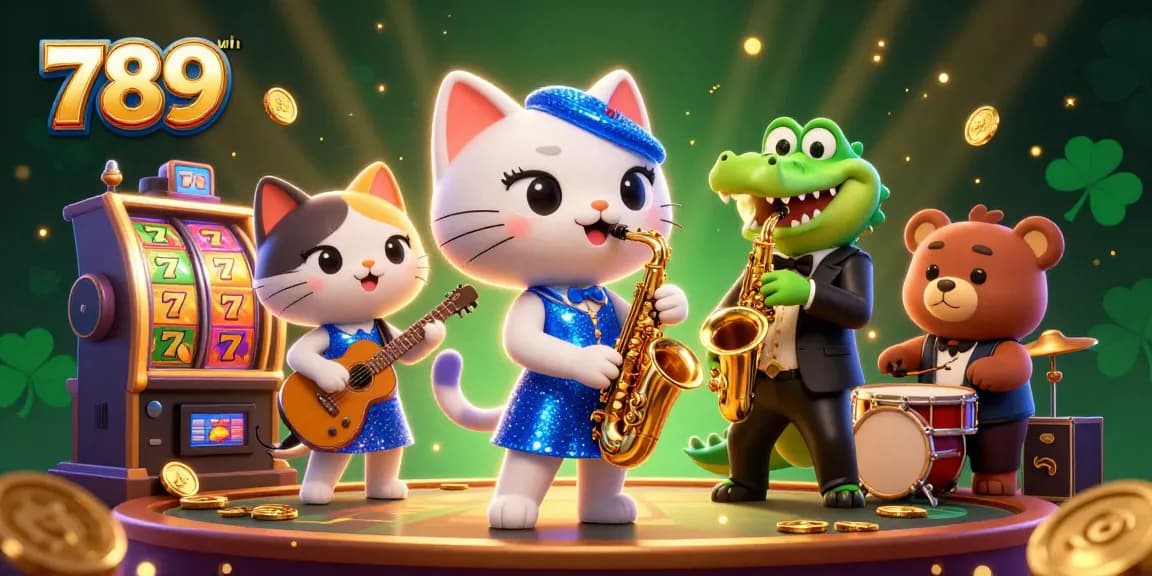 Experience vibrant casino energy with the 789win jazz-singer cat, saxophone crocodile, and drum bear in action.