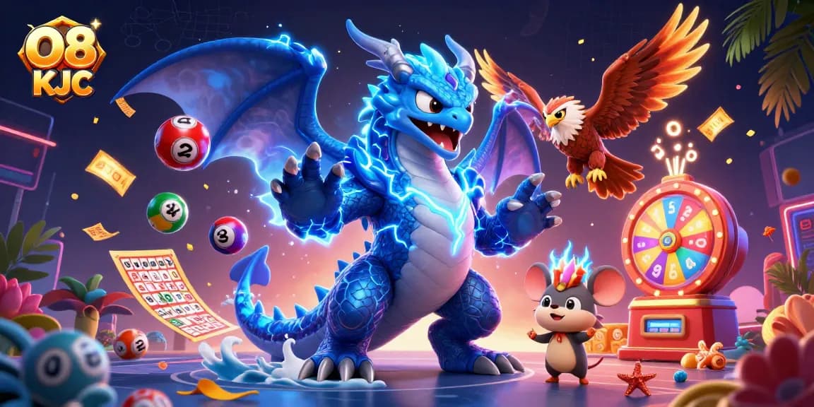 Engage in thrilling gameplay with O8 KJC, illustrated through vibrant lottery elements and dynamic characters.