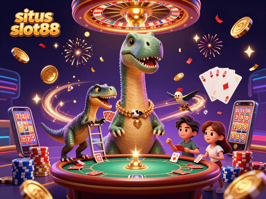 situs slot88 casino scene, featuring a brontosaurus, raptor dealer, and dynamic gaming elements.