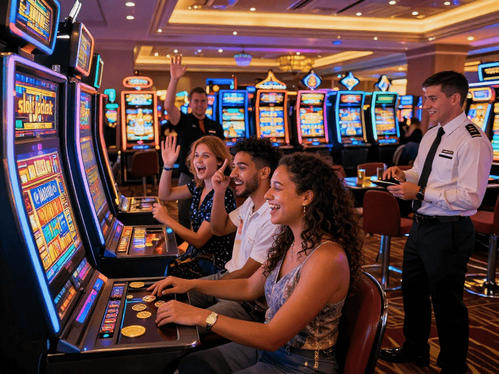 Group celebrating a slot jackpot win at a lively casino floor.