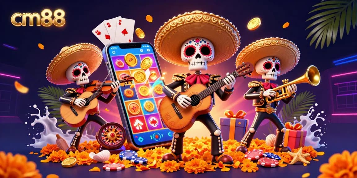 Engage in thrilling gaming at cm88 with a vibrant scene of a mariachi band surrounded by casino elements.