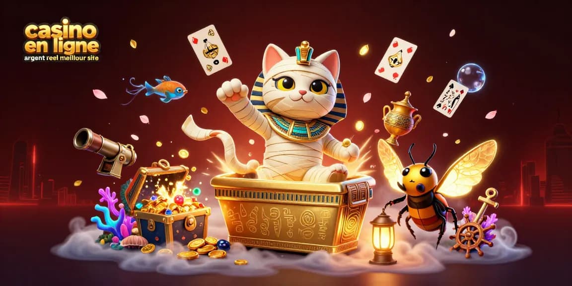 Casino en ligne argent réel meilleur site avec une illustration dynamique d'un chat momie égyptien et un scarabée.