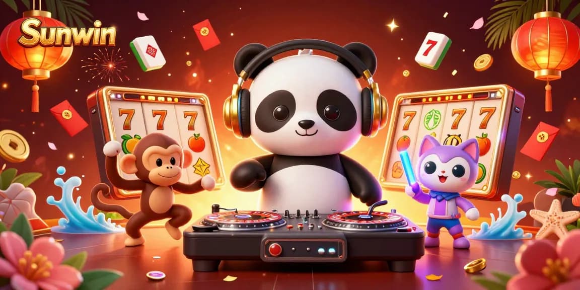 Engage with Sunwin's exciting casino world through a vibrant 3D illustration featuring a DJ panda and lively characters.