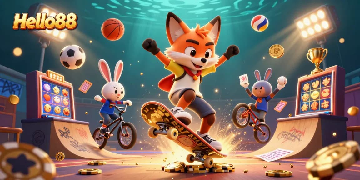 Hello88 Casino scene with a skateboarder fox and BMX rabbit amid vibrant gambling actions and slots.