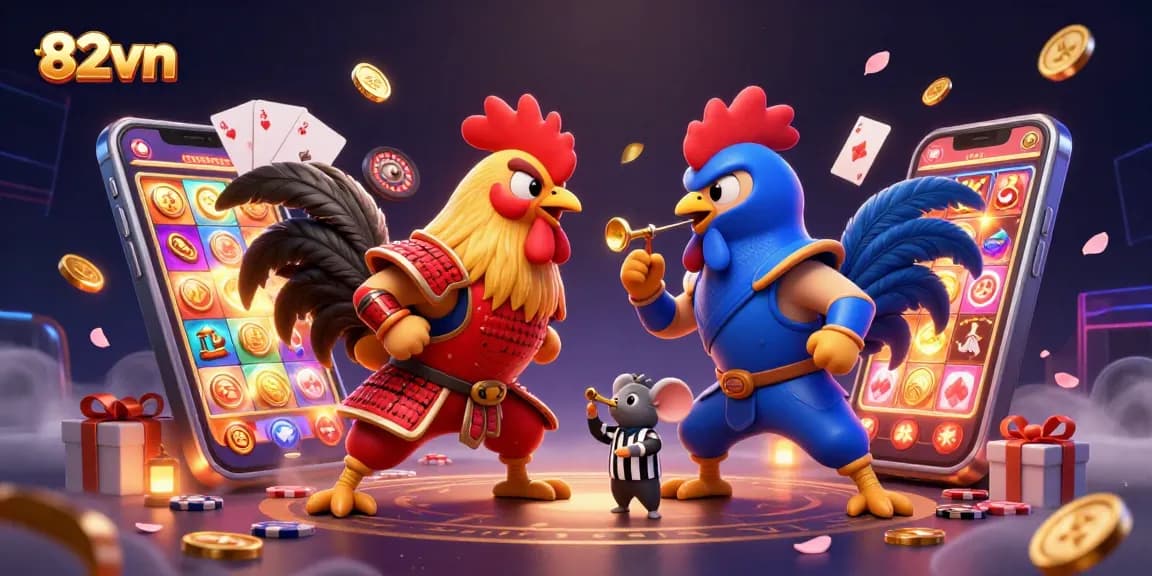 Experience thrilling cockfighting action with 82vn as roosters face off in a colorful casino scene.