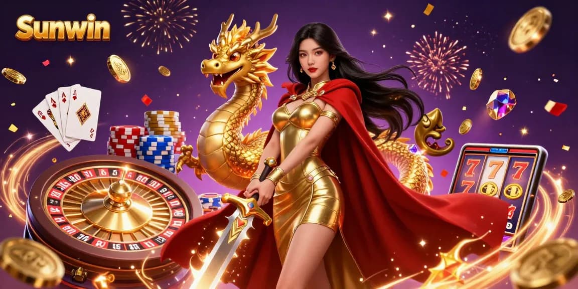 Engage with Sunwin's exciting casino games alongside a warrior queen invoking luck and fortune.