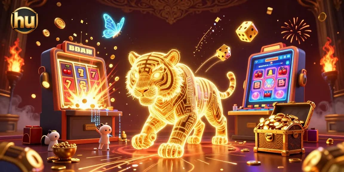 Experience thrilling casino excitement with hu, featuring a golden tiger and jackpot scenes.