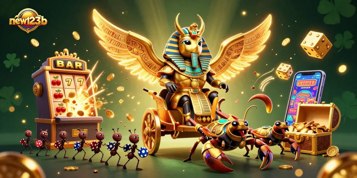 Experience thrilling jackpots with new123b featuring a golden scarab beetle and vibrant casino action.