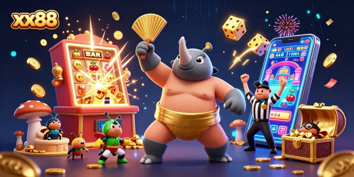 The xx88 casino scene showcases a bold rhinoceros beetle stomping gold coins amid a jackpot explosion, reflecting the vibrant gambling world.