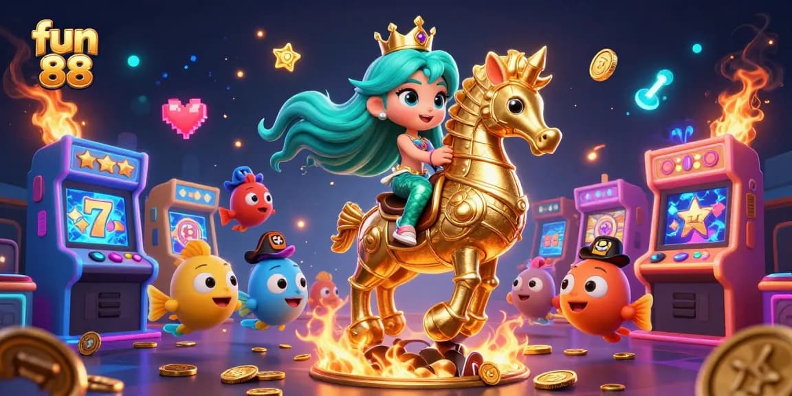 Experience gaming excitement at fun 88 with a magical underwater casino scene featuring vibrant characters and slot machines.