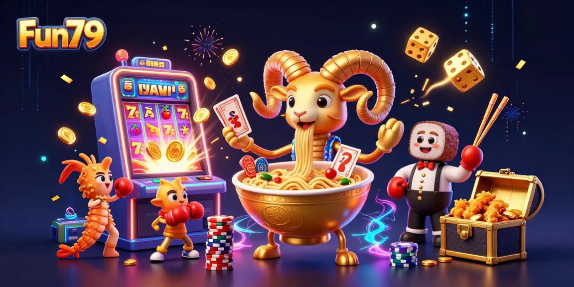 Engage with Fun79's vibrant casino atmosphere featuring animated gambling elements and characters.