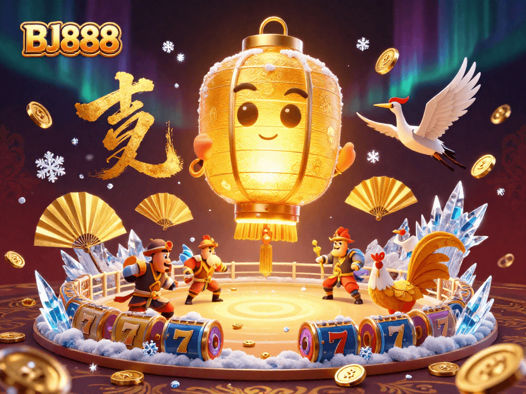 BJ888 offers an enchanting visual of cockfighting in a 3D vibrant scene filled with gold coins and game symbols.
