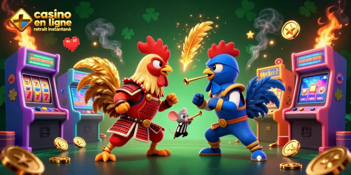 Animation captivante de deux coqs combattants en armure de samouraï rouge et de ninja bleu, mettant en avant le casino en ligne retrait instantané.