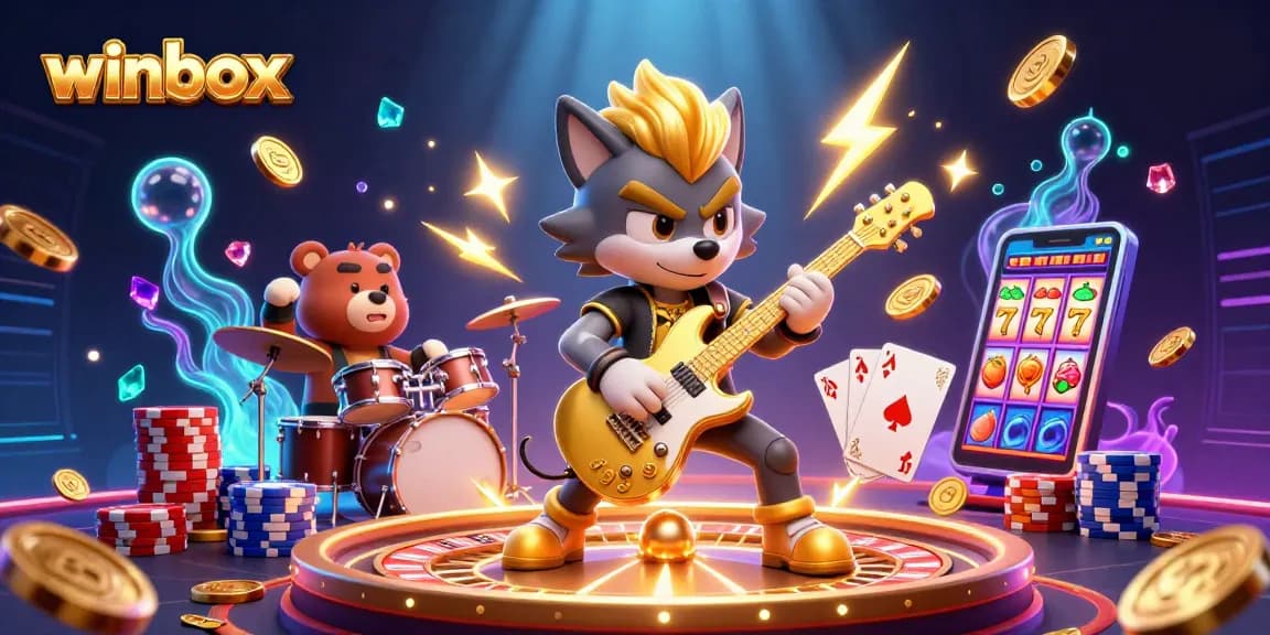 Winbox live casino scene with a rock star wolf and a bear drummer surrounded by gaming elements.