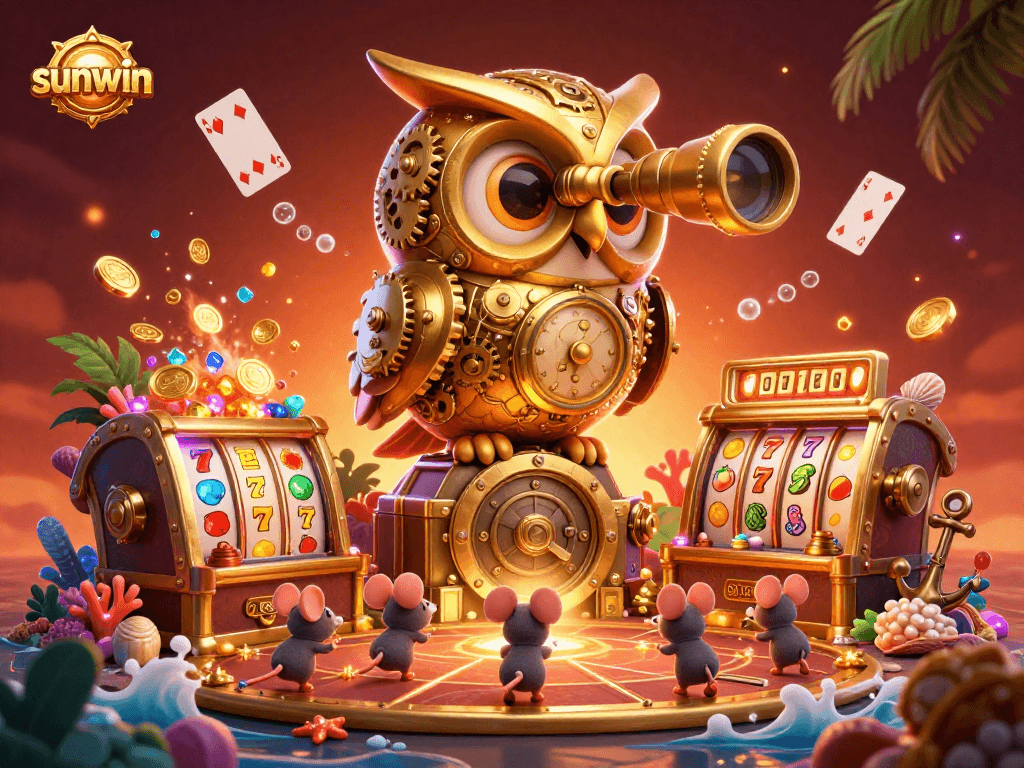 Experience the excitement of sunwin with a vibrant casino scene featuring a golden owl and slot machines.