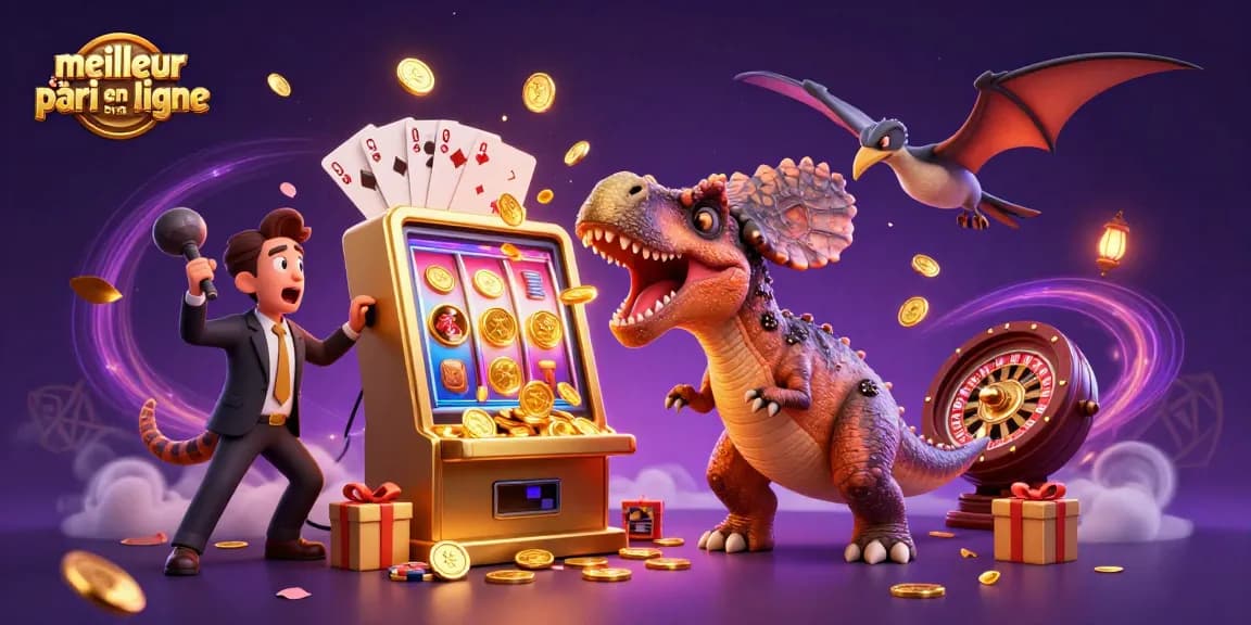 Visuel dynamique illustrant le meilleur site de pari en ligne avec un pachycéphalosaurus et un gestionnaire de casino.