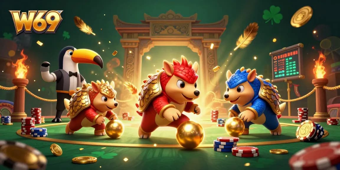 W69 casino pangolins competing in a dynamic card game with vibrant, festive elements.