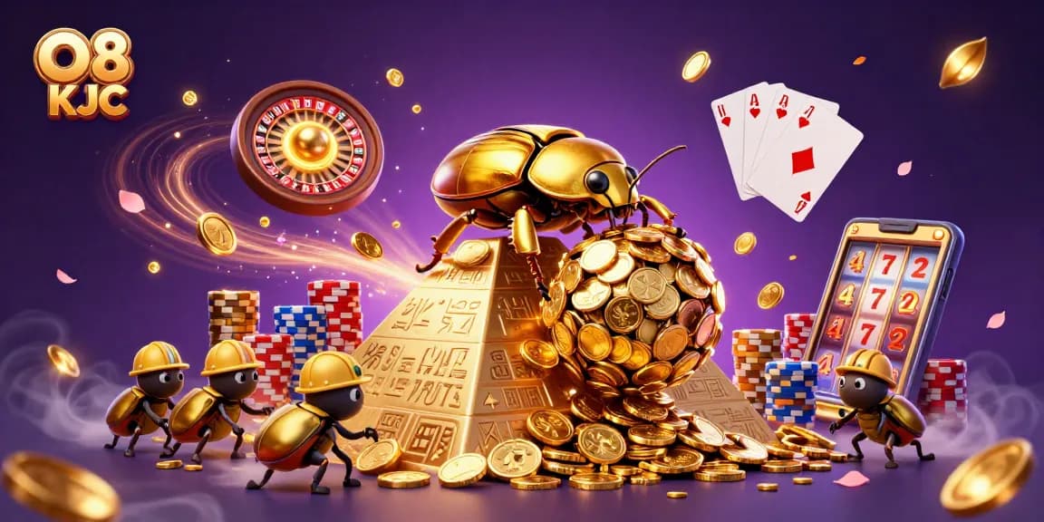 Engage in thrilling gaming at O8 KJC with a dynamic scene of golden beetles and casino elements.