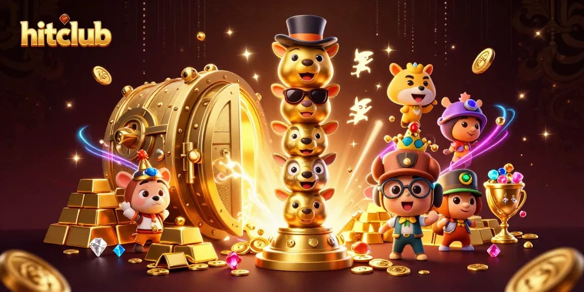 Hitclub showcases vibrant gaming with casino treasures and lively totem pole characters.