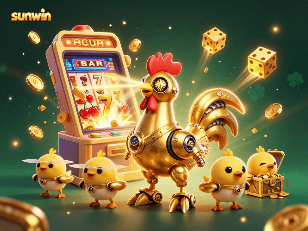 Experience sunwin excitement with a golden rooster robot and baby chick drones amid casino elements.