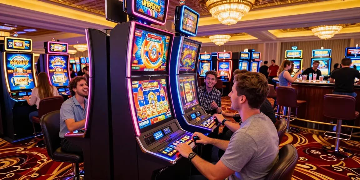 Diverse players enjoying the thrill of a slot jackpot in a vibrant casino setting filled with neon lights.