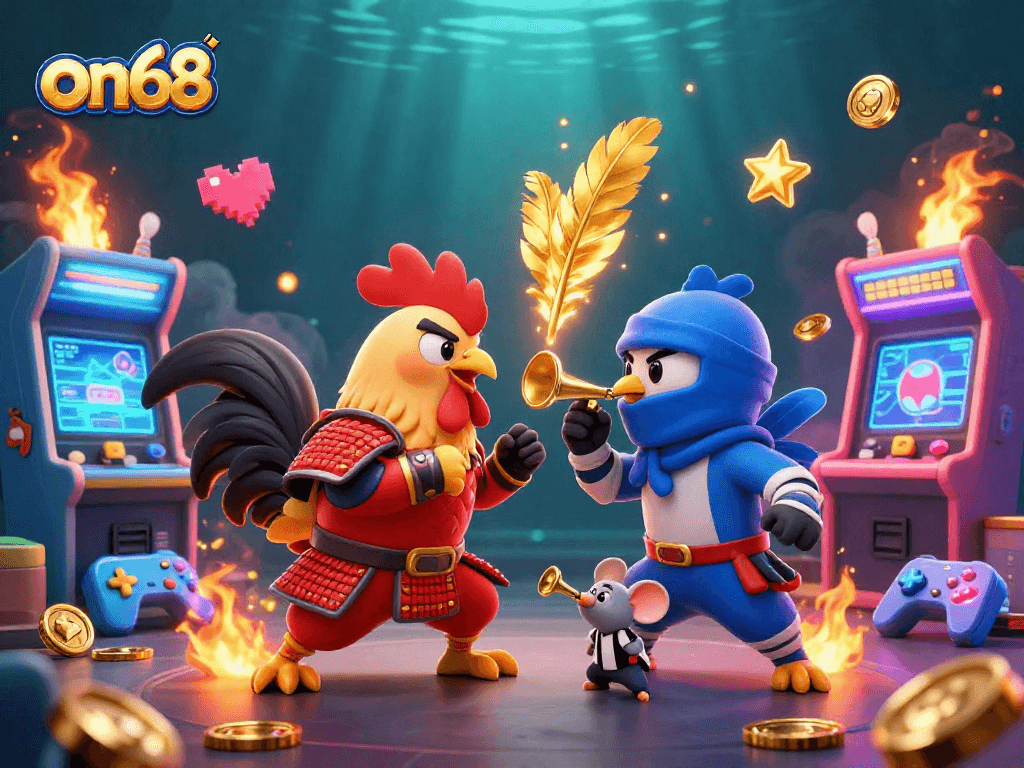 Engage with the thrilling action at on68 as fighting roosters clash in a dramatic casino showdown.