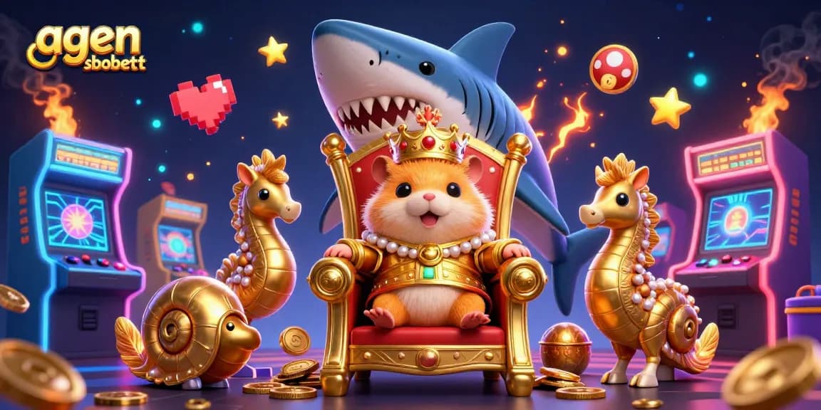 Bet using agen sbobet with a cartoon golden hamster king in a lively casino-themed illustration.