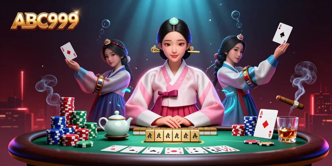 Experience the thrilling world of ABC999 with a serene Asian woman in traditional attire at a lively casino setting.