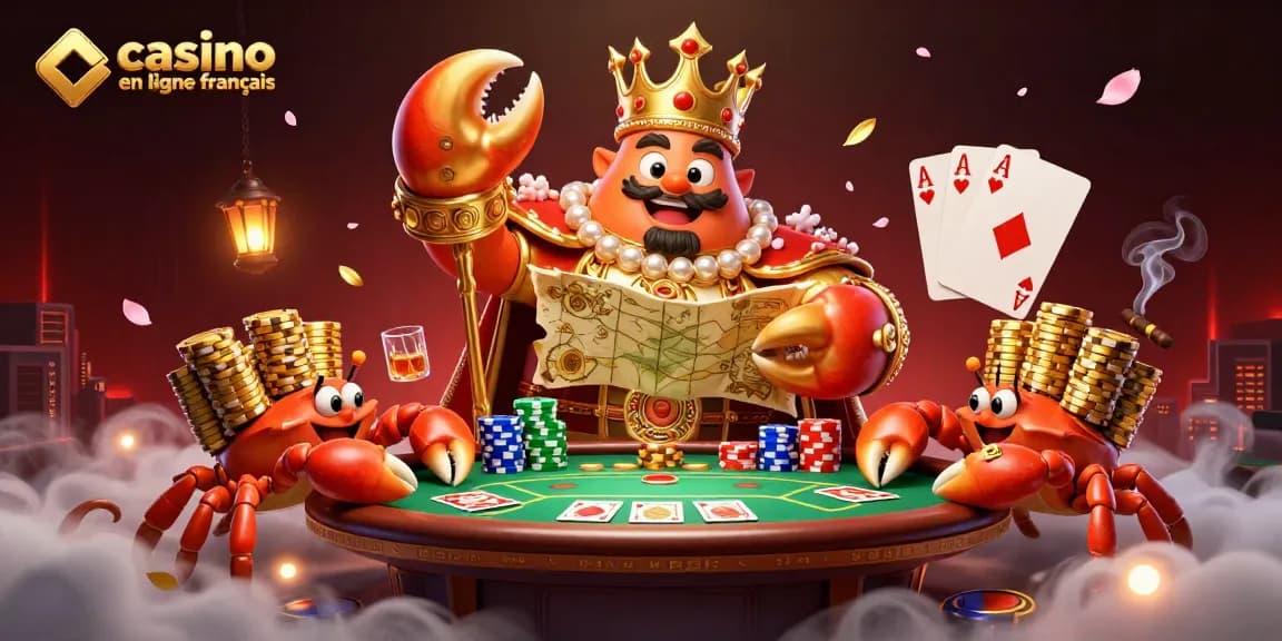 Explorez le casino en ligne français avec un empereur crabe doré et des éléments de poker captivants.
